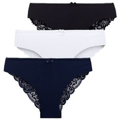 Magic lady Набор трусов слипы средней посадки с кружевом и бантиком, 3 шт., размер 44-46, черный/темно-синий/белый