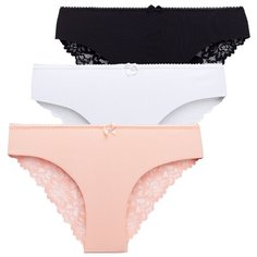 Magic lady Набор трусов слипы средней посадки с кружевом и бантиком, 3 шт., размер 44-46, белый/черный/персик