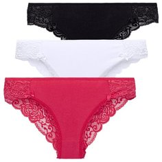 Magic lady Набор трусов слипы средней посадки с кружевом, 3 шт., размер 42-44, черный/белый/коралловый