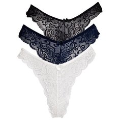 Magic lady Набор трусов бикини кружевные с высоким вырезом бедра, 3 шт., размер 44, шампань/темно-синий/черный
