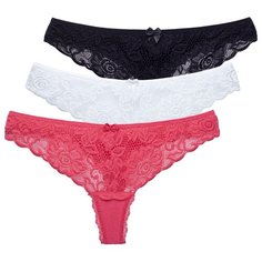 Magic lady Набор трусов стринги с кружевными вставками, 3 шт., размер 42-44, черный/белый/коралловый