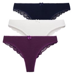 Magic lady Набор трусов бразильяна средней посадки с кружевом, 3 шт., размер 44-46, шампань/синий/фиолетовый