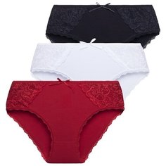 Magic lady Набор трусов слипы средней посадки с кружевом, 3 шт., размер 52, черный/белый/красный