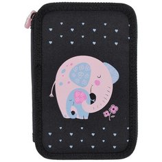 Пенал на молнии ЧЕРНЫЙ "МИЛЫЙ СЛОНИК", ДВА ОТДЕЛЕНИЯ, 200 х 130ММ Bruno Visconti