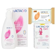 Набор Lactacyd: для чувствительной кожи+для девочек с 3-х лет+салфетки