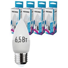 Лампочки светодиодные Космос Свечка 6,5Вт Е27 4шт (аналог 50Вт) Нейтральный белый свет Kosmos