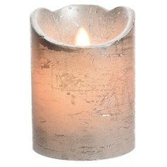 Свеча восковая ПРАЗДНИЧНАЯ с глиттером, серебряная, тёплый белый LED-огонь колышущийся, 7.5x10 см, батарейки, таймер, Ka Kaemingk