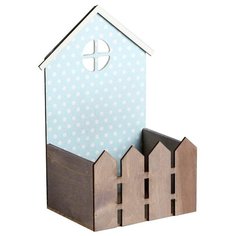 Кашпо Дарите счастье Домик с заборчиком Горох 15 х 11 х 25 см голубой/коричневый