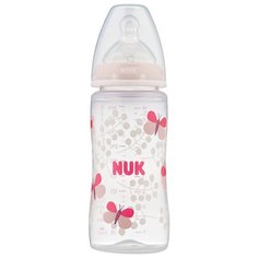 NUK First Choice Plus Бутылочка из полипропилена с соской из силикона разм. M, 300 мл, с рождения, розовый/бабочки