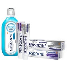 Набор средств Sensodyne зубная паста Экстра Отбеливание 75 мл + зубная паста Здоровье десен 75 мл + ополаскиватель Морозная Мята 500 мл