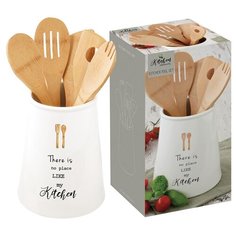 Банка-подставка с кухонными инструментами (5 предметов из бамбука) Kitchen Elements в подарочной упаковке, фарфор, бамбук, 15х19 см (EL-R1911_KITE) Easy Life