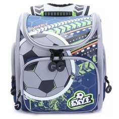 Ранец школьный Grizzly RA-970-1 раскладной, для мальчиков, светоотражающий принт Футбольный мяч, синий