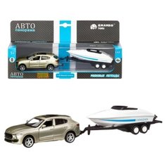 Машинка детская, металлическая, инерционная, Автопанорама, коллекционная, Maserati c прицепом, с лодкой, масштаб 1:43, открываются передние двери и вращаются колеса, цвет золотой