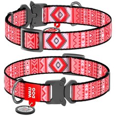Нейлоновый ошейник для собак WAUDOG Nylon с рисунком "Этно красный" и адресником, ширина 25 мм, обхват шеи 35-58 см, металлическая быстросъемная тактическая пряжка-фастекс