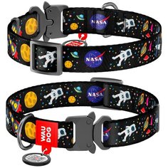 Нейлоновый ошейник для собак WAUDOG Nylon с рисунком "NASA" и адресником, ширина 25 мм, обхват шеи 35-58 см, металлическая быстросъемная тактическая пряжка-фастекс