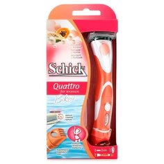 Женский бритвенный станок SCHICK QUATTRO FOR WOMEN BIKINI (1 станок, 1 сменная кассета, подставка), 4-лезв. + лезвие-триммер, плавающая головка, увл.полоска, прорезиненная ручка