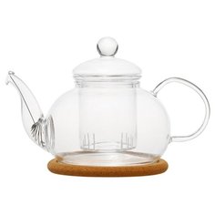 Заварочный чайник из жаропрочного стекла "Орхидея" с колбой, пружинкой-фильтром в носике и пробковой подставкой, объем 800 мл, дно d100 мм Wintergreen Tea&Coffee