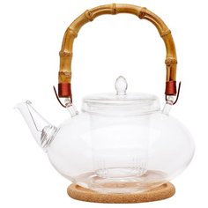 Заварочный чайник из жаропрочного стекла "Душистая кувшинка" с колбой, пружинкой-фильтром в носике, пробковой подставкой и бамбуковой ручкой, 1000 мл, дно d80 мм Wintergreen Tea&Coffee