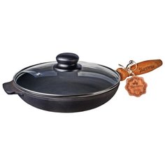 Сковорода чугунная Maysternya 26*4 см с дерев. ручкой со стекл крышкой