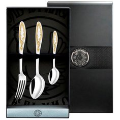 Набор столовый посеребренный с позолотой "Пламя" (ложка, вилка, ложка чайная ) в футляре Кольчугинский мельхиор