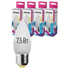 Лампочки светодиодные Космос Свечка 7,5Вт Е27 4шт (аналог 60Вт) Теплый свет Kosmos
