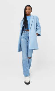 Stradivarius Пальто Из Трикотажной Ткани С Начёсом Небесно-Голубой S