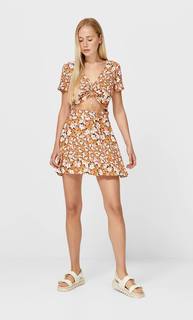 Stradivarius Топ С Цветочным Принтом И Сборкой Оранжево-Персиковый M