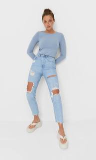 Stradivarius Укороченный Топ С Длинными Рукавами Небесно-Голубой M