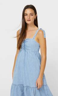 Stradivarius Длинное Джинсовое Платье На Бретелях Светлый Деним L