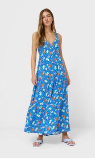 Stradivarius Длинное Платье С Цветочным Принтом Синий Электрик S