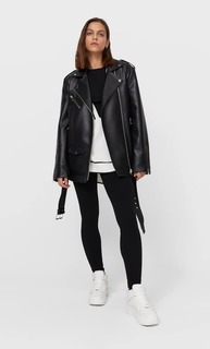 Stradivarius Куртка Байкер Оверсайз Из Искусственной Кожи Черный M