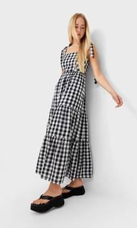 Stradivarius Длинное Платье В Клетку Виши Черный L
