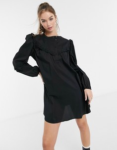 Свободное хлопковое платье мини черного цвета с оборками JDY-Черный