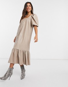 Светло-бежевое платье миди из искусственной кожи с квадратным вырезом ASOS DESIGN-Белый