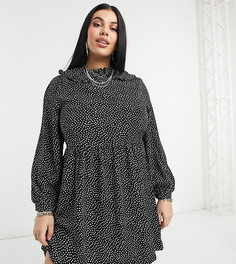 Платье мини с мелким принтом сердечек, присборенной юбкой, длинными рукавами и воротником Daisy Street Plus-Черный