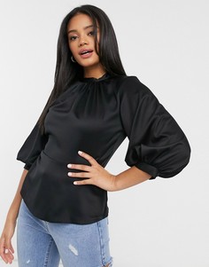 Черная атласная блуза с объемными рукавами Closet London-Черный