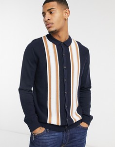 Темно-синее трикотажное поло в полоску с длинными рукавами Topman-Темно-синий