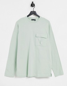 Плотный пастельно-зеленый лонгслив в стиле oversized и с карманом в стиле милитари ASOS DESIGN-Серый