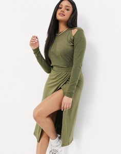 Трикотажная юбка миди цвета хаки с запахом Unique21-Зеленый цвет