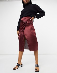 Бордовая блестящая атласная юбка миди с перекрутом ASOS DESIGN-Красный