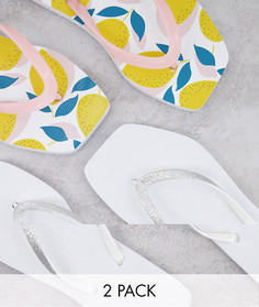 Набор из 2 пар шлепанцев для широкой стопы с квадратным носком белого цвета и с принтом Truffle Collection-Многоцветный