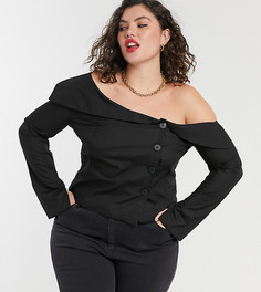 Черный топ с открытыми плечами и контрастными пуговицами ASOS DESIGN Curve