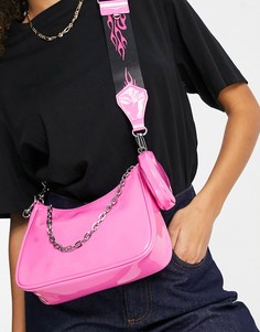 Розовая виниловая сумка через плечо с ремнем с принтом огня Bershka-Розовый цвет