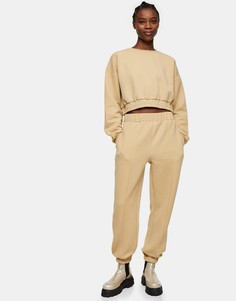 Стеганые oversized-джоггеры бежевого цвета с манжетами Topshop-Коричневый цвет