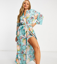 Атласное кимоно макси с принтом с птицами и цветами Loungeable-Многоцветный
