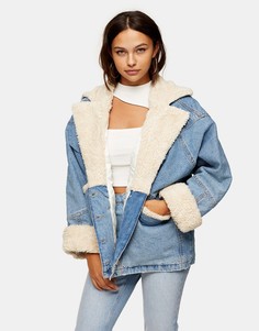 Синяя джинсовая куртка с подкладкой из искусственного меха Topshop-Коричневый цвет