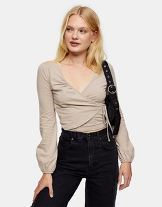 Коричневый топ в балетном стиле с длинными рукавами и запахом Topshop-Коричневый цвет