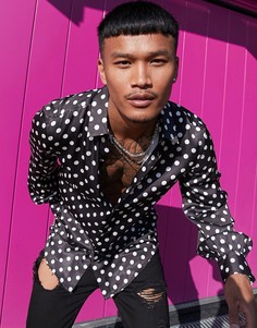 Атласная рубашка классического кроя в горошек ASOS DESIGN-Черный