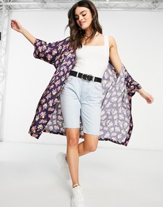 Темно-синий атласный халат с цветочным принтом Ghost