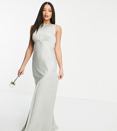 Атласное платье макси с драпированным вырезом на спине и пуговицами по бокам ASOS DESIGN Tall Bridesmaid-Зеленый цвет